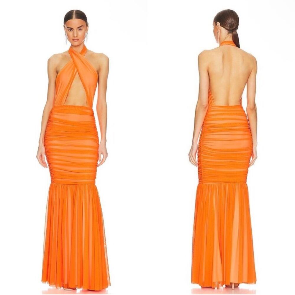 NWT Norma Kamali Cross Halter Fishtail Gown in Neon Orange Size Large